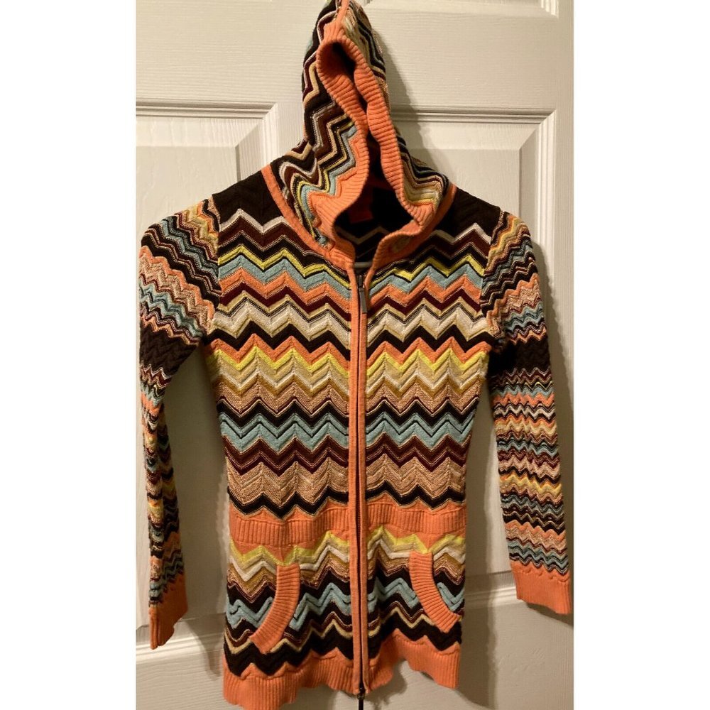 MISSONI Zigzag Chevron Brown Blue Orange Girl Sweatshirt Hoodie Jacket POCKETS M